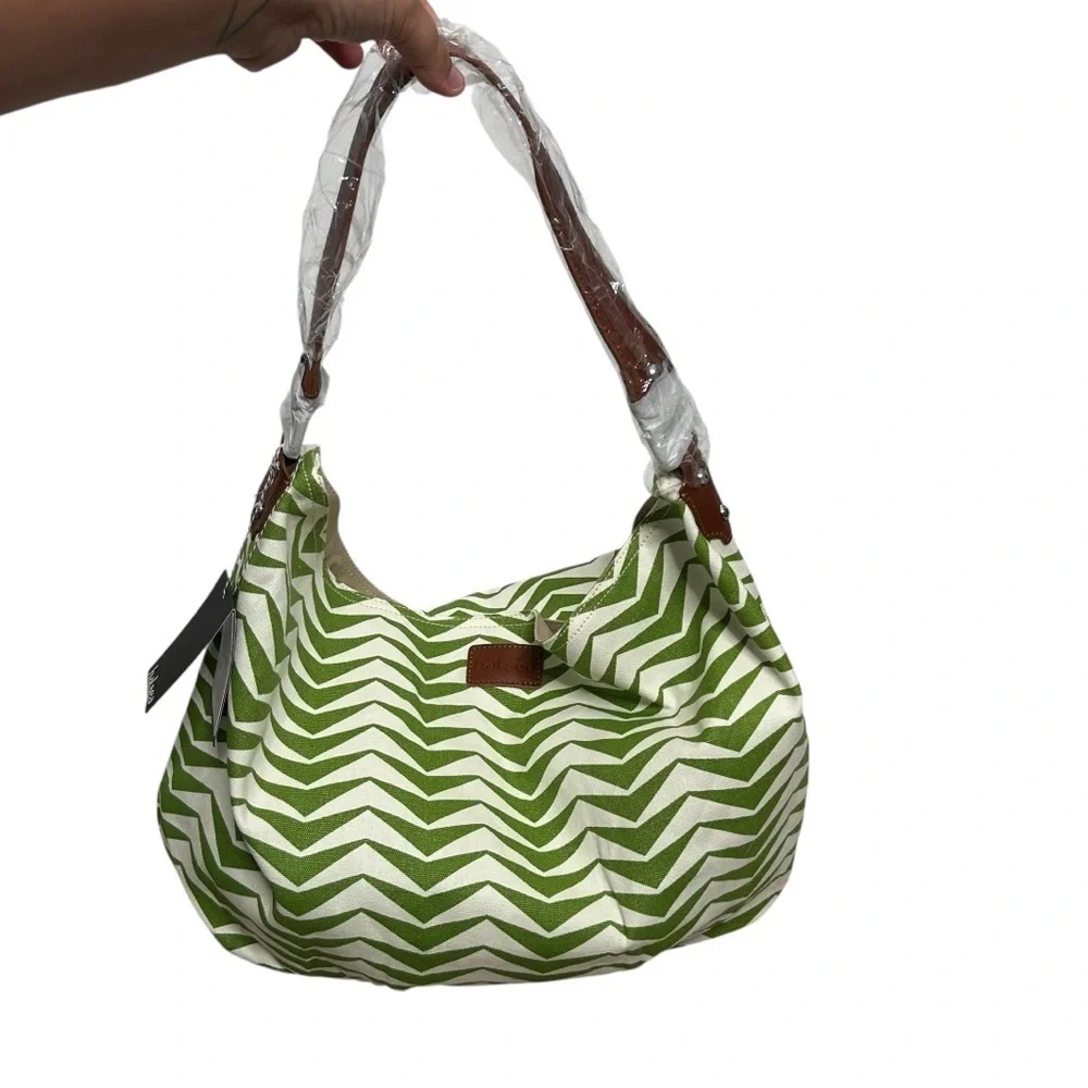 Halsea Dunes Bucket Bag Green Chevron Leather Trim Cotton Canvas Beach Chic Bag